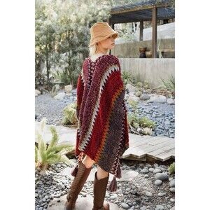 Crochet Maroon Ruana Long Boho Wrap, Festival Shawl, Plush Crochet Kimono, 1 Sz